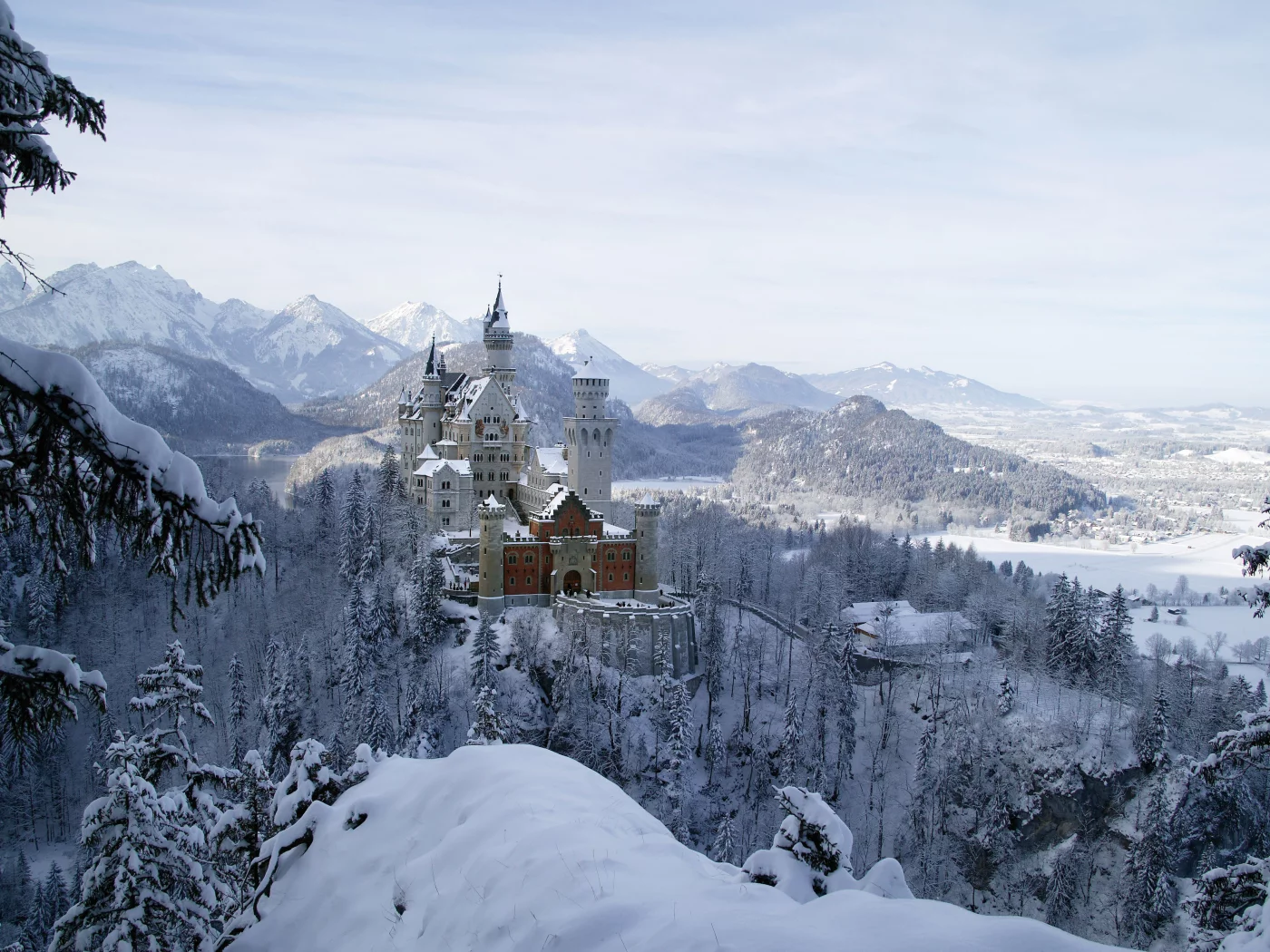 замок, нойшванштайн, бавария, германия, schloss, neuschwanstein, лес, небо, пейзаж, архитектура, зима