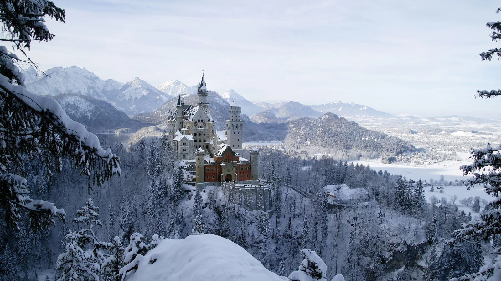 замок, нойшванштайн, бавария, германия, schloss, neuschwanstein, лес, небо, пейзаж, архитектура, зима