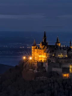замок, гогенцоллерн, burg hohenzollern, холм, деревья, гора, возвышенность, германия, пейзаж