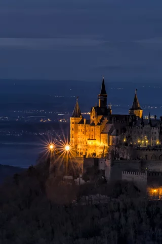 замок, гогенцоллерн, burg hohenzollern, холм, деревья, гора, возвышенность, германия, пейзаж
