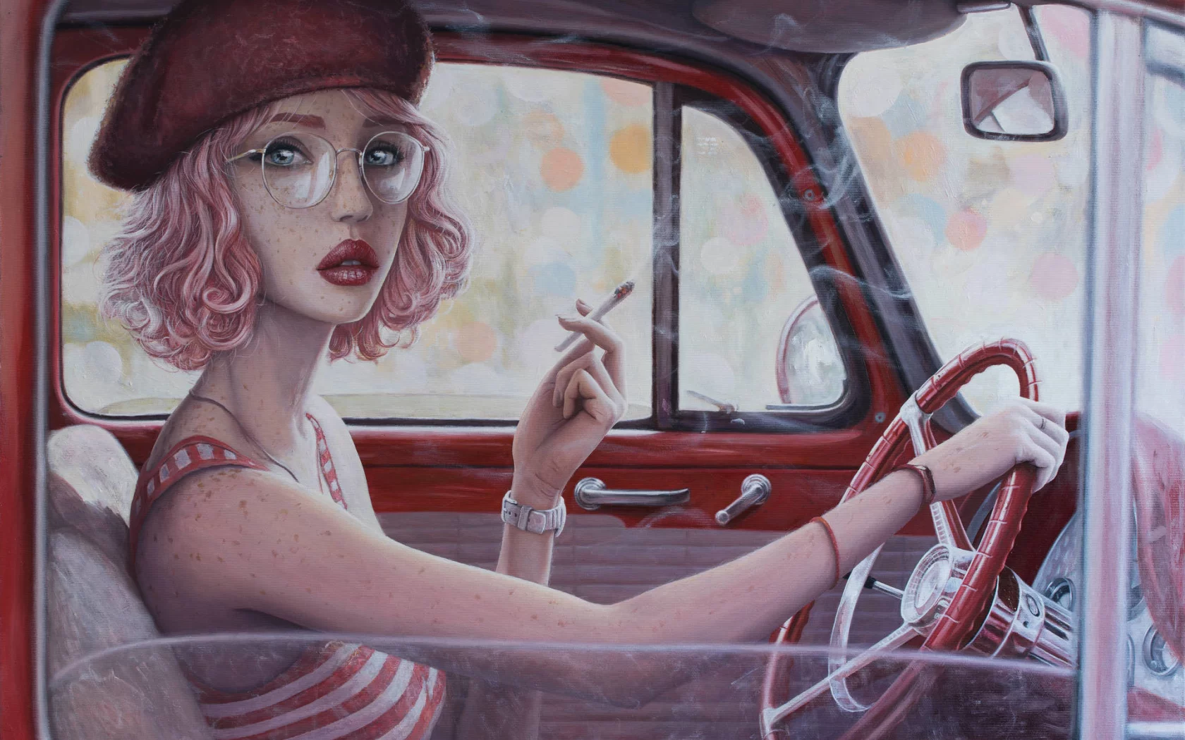 девушка, рисунок, берет, сигарета, очки, авто