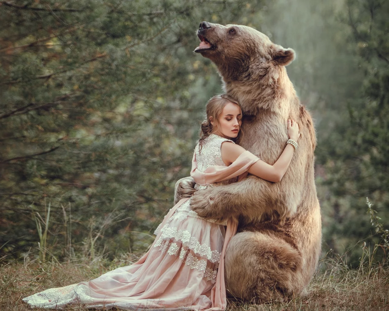 лес, деревья, медведь, девушка