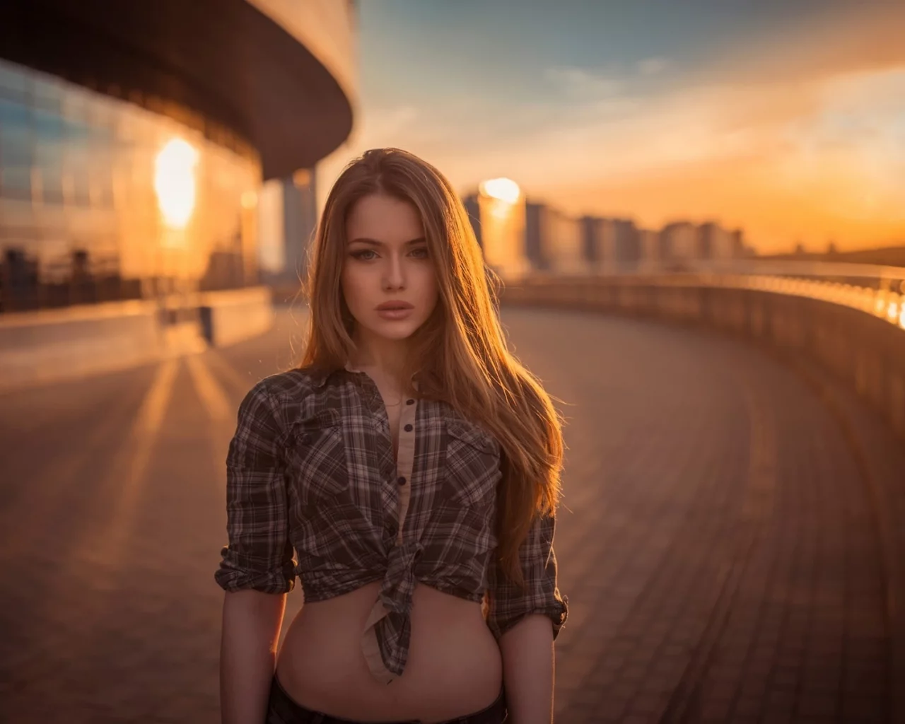 девушка, взгляд, красивая, город, закат