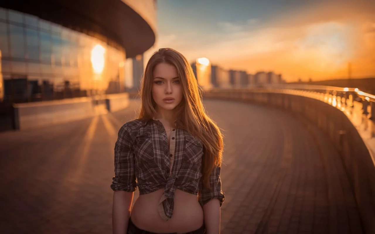девушка, взгляд, красивая, город, закат