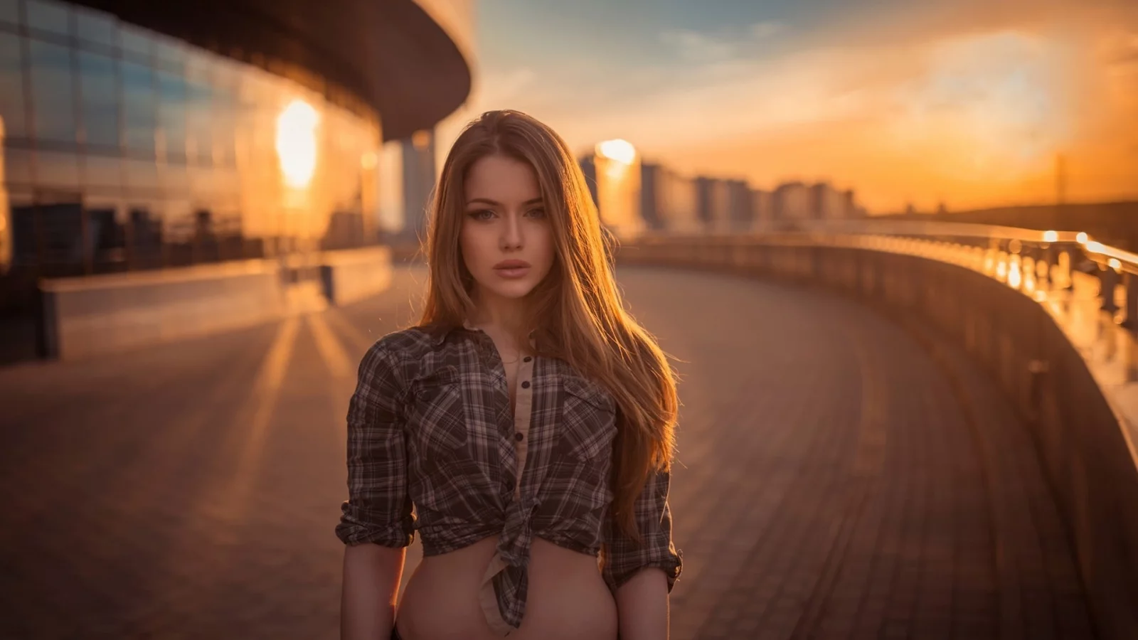 девушка, взгляд, красивая, город, закат