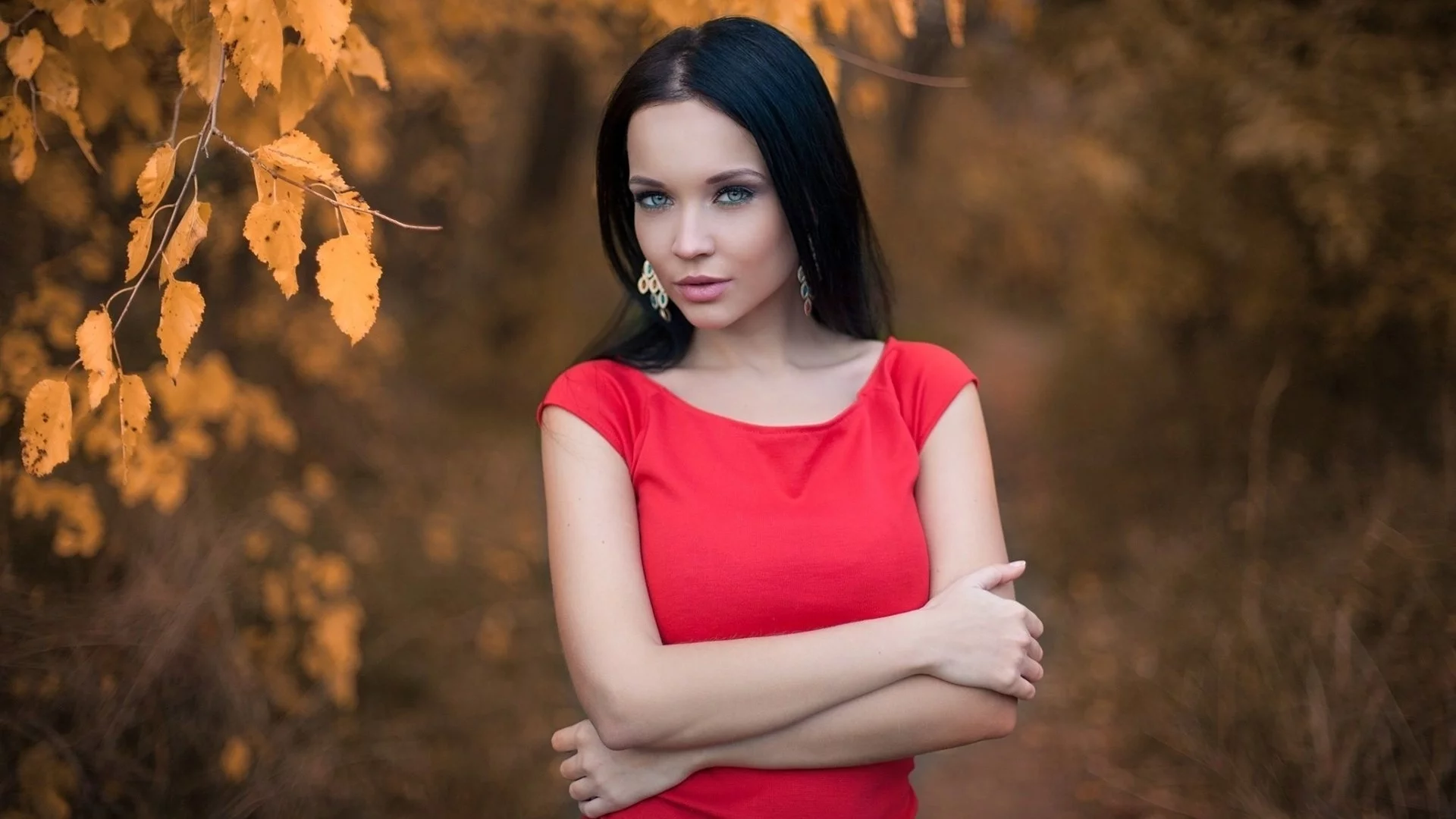 девушка, взгляд, осень, листья