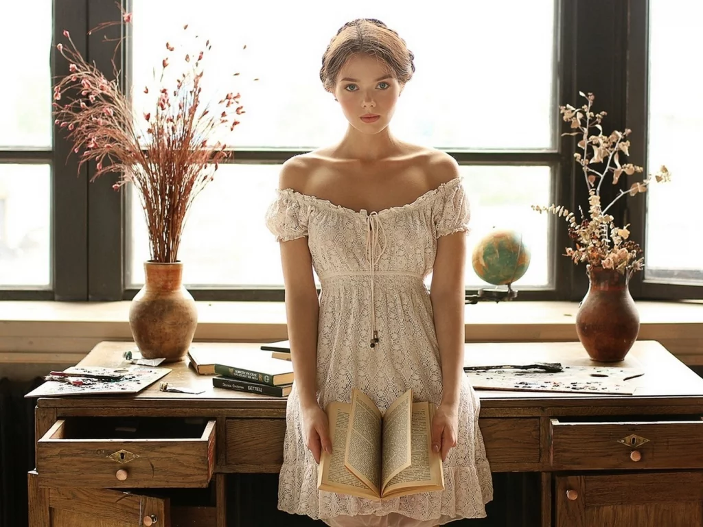 девушка, взгляд, платье, книга, лолита