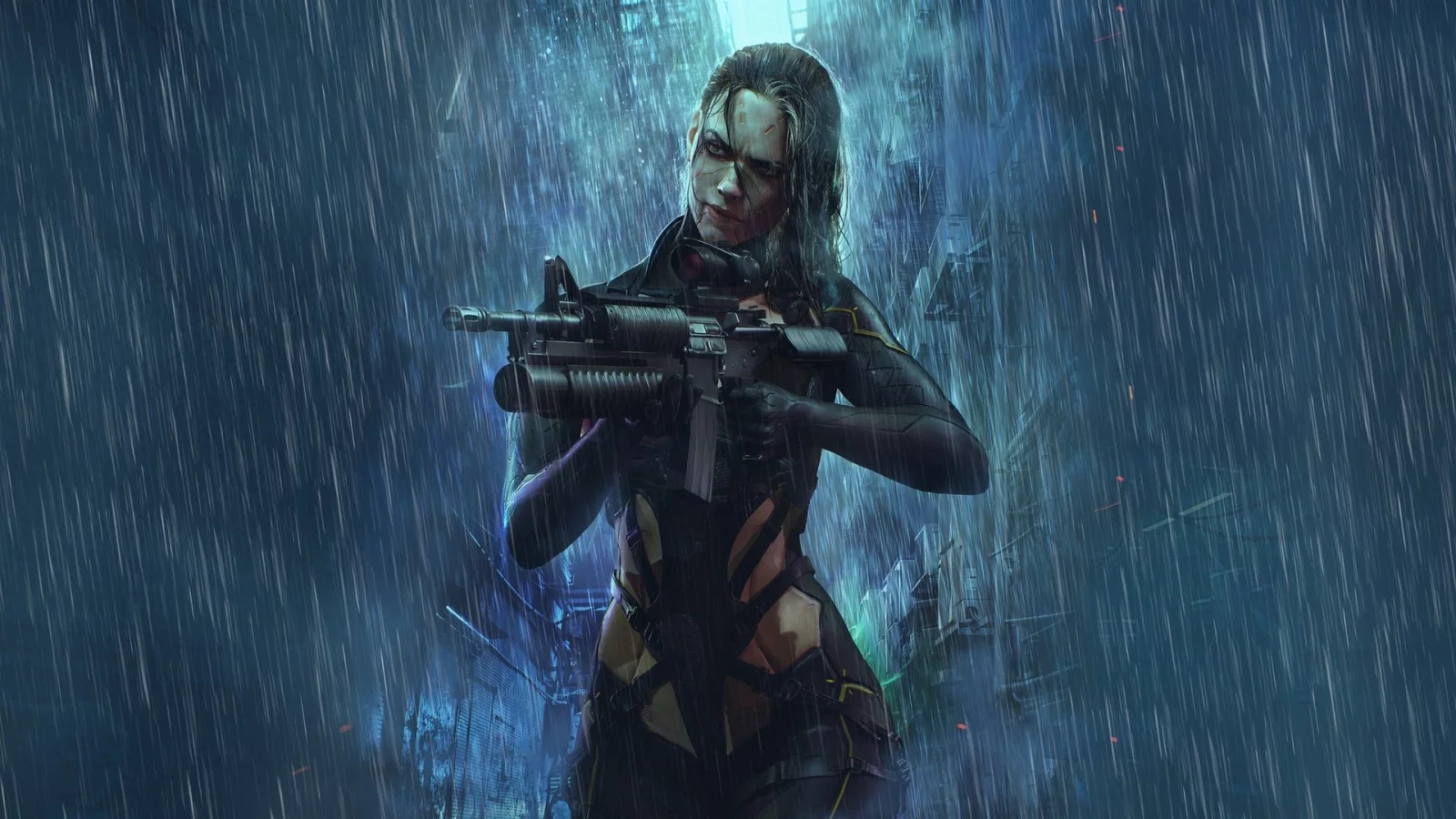 girl, rain, weapons, fantasy, cyberpunk