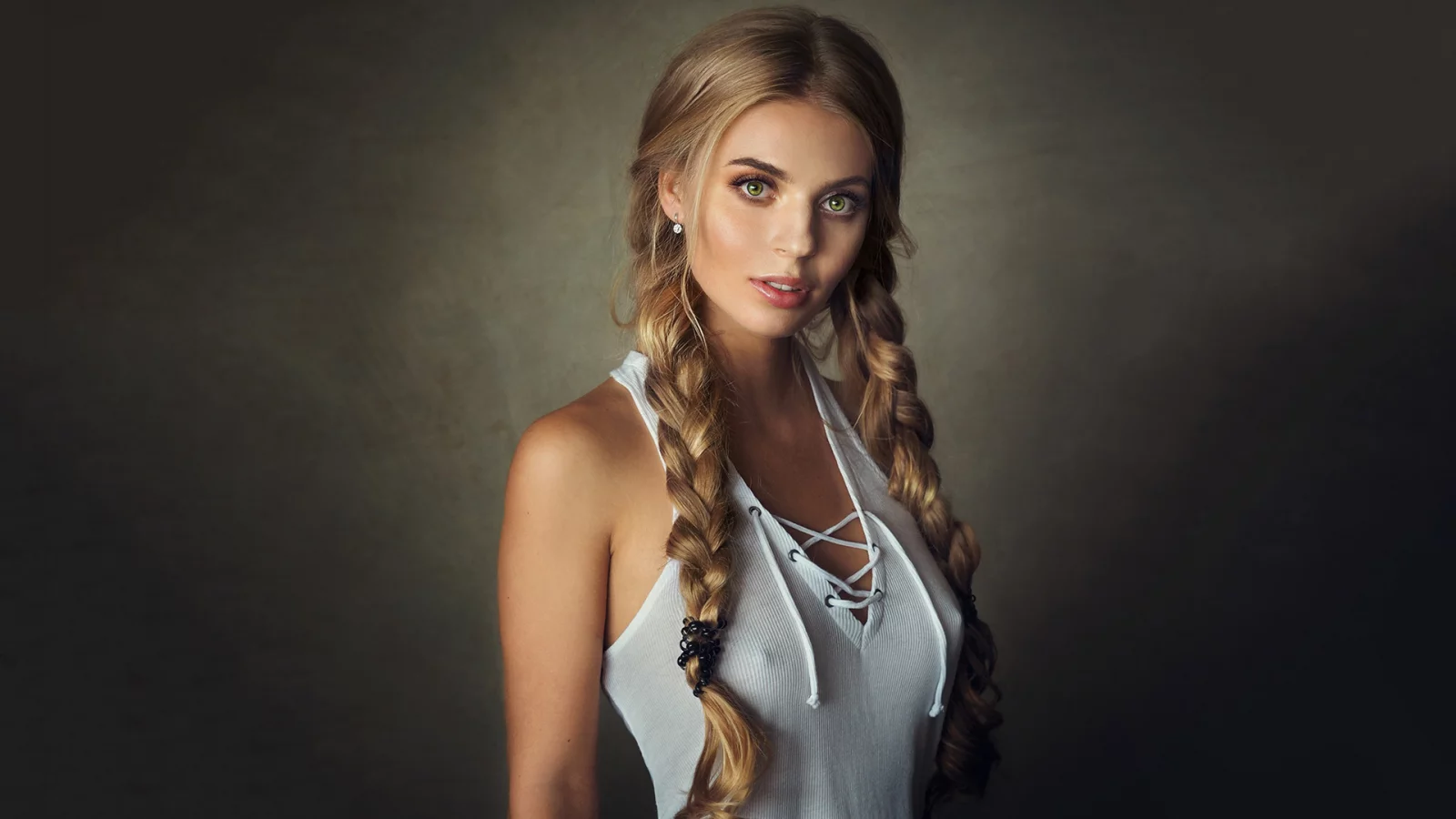 девушка, красивая, взгляд, косы