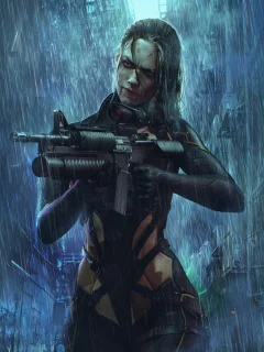 girl, rain, weapons, fantasy, cyberpunk