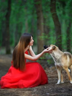 девушка, длинные волосы, красное платье, собака, парк