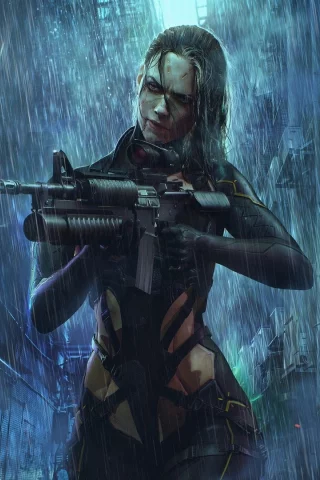 girl, rain, weapons, fantasy, cyberpunk