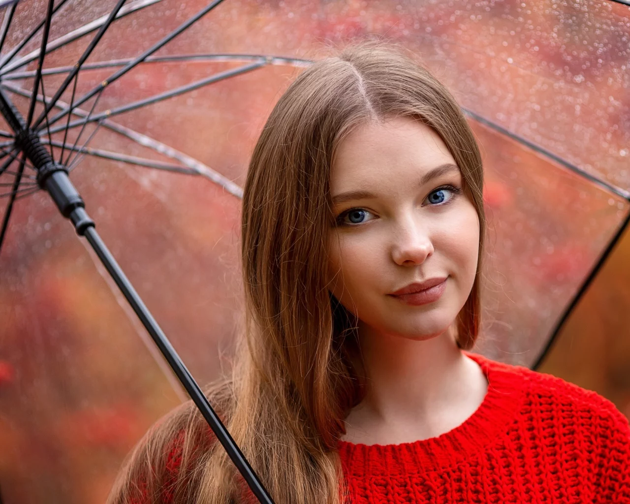 девушка, взгляд, красивая, зонт