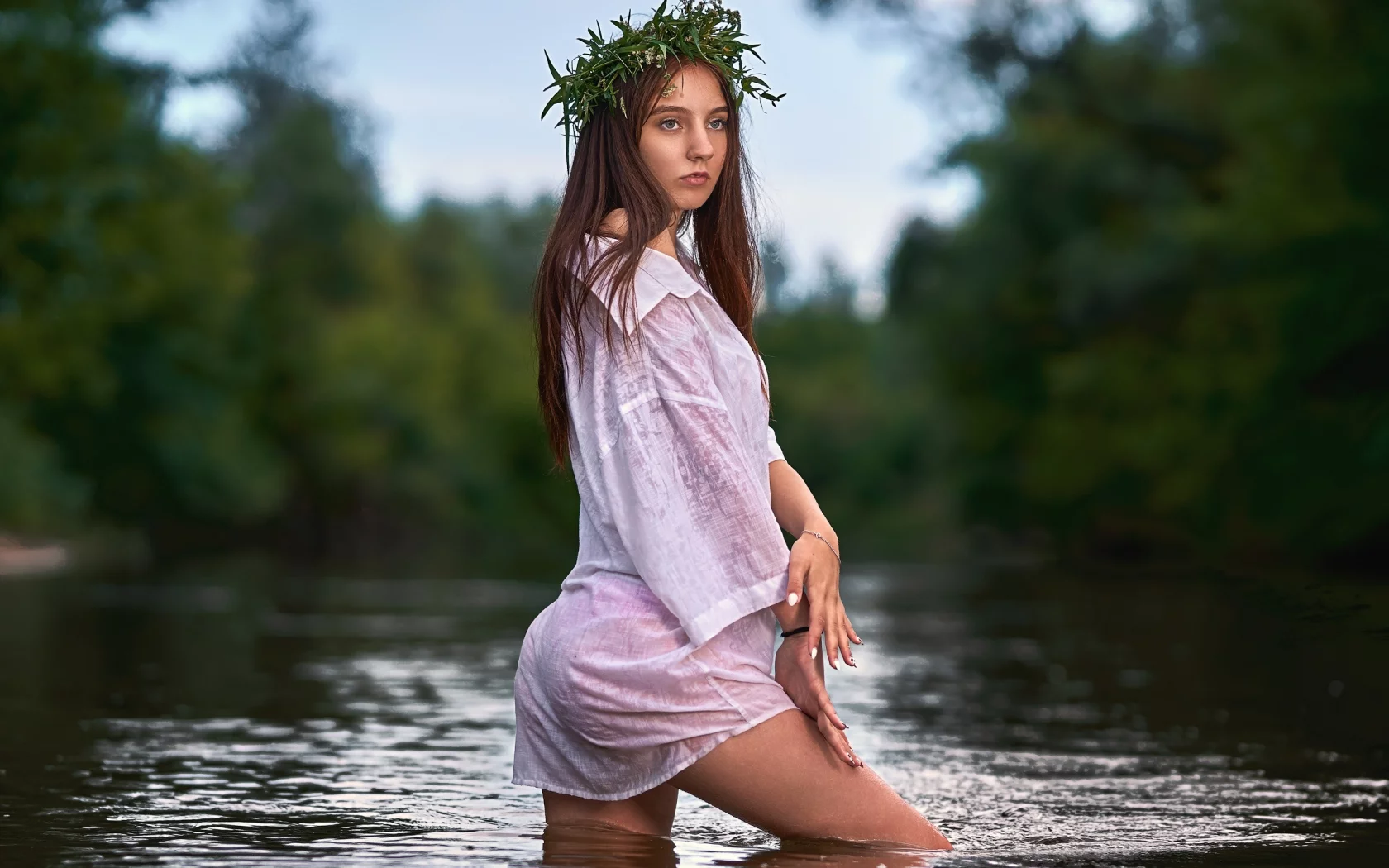 девушка, взгляд, река, красивая