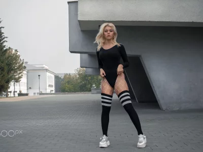девушка, блондинка, чулки, симпатичная, кроссовки