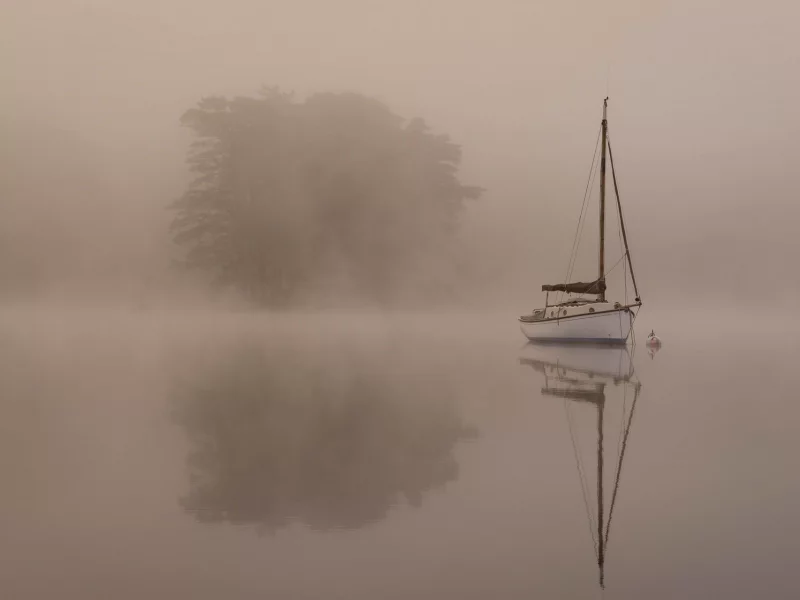 яхта, море, туман