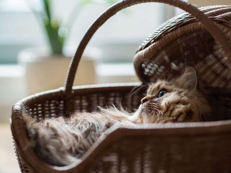 кошка, лежит в корзине