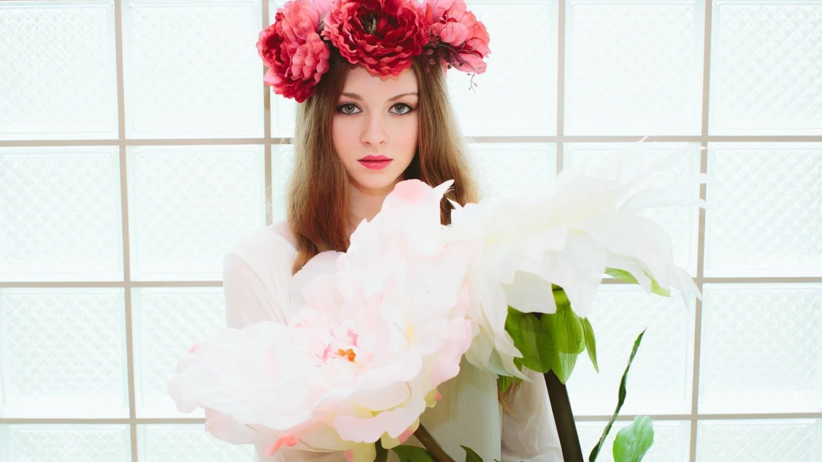 девушка, взгляд, макияж, красивая, фотосессия, цветы