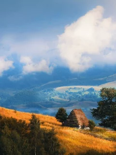 горы, деревья, облака