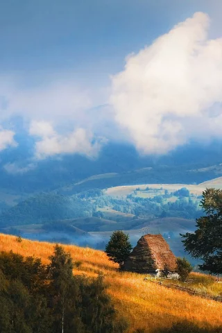 горы, деревья, облака