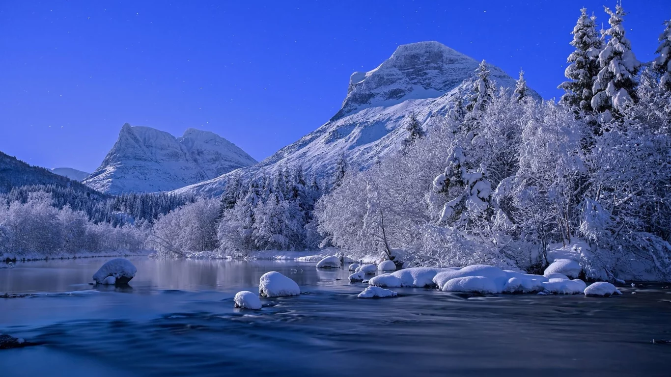горы, снег, озеро
