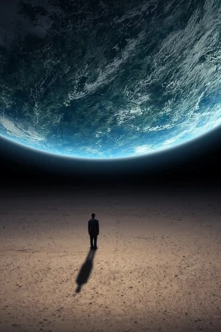 космос, человек на луне, смотрит на землю
