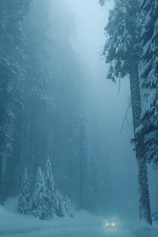лес, деревья, зима, дорога, туман