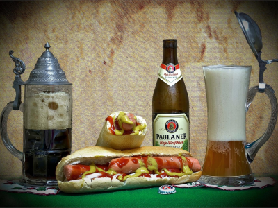пиво, кружка, бутылка, бутерброд, хотдог