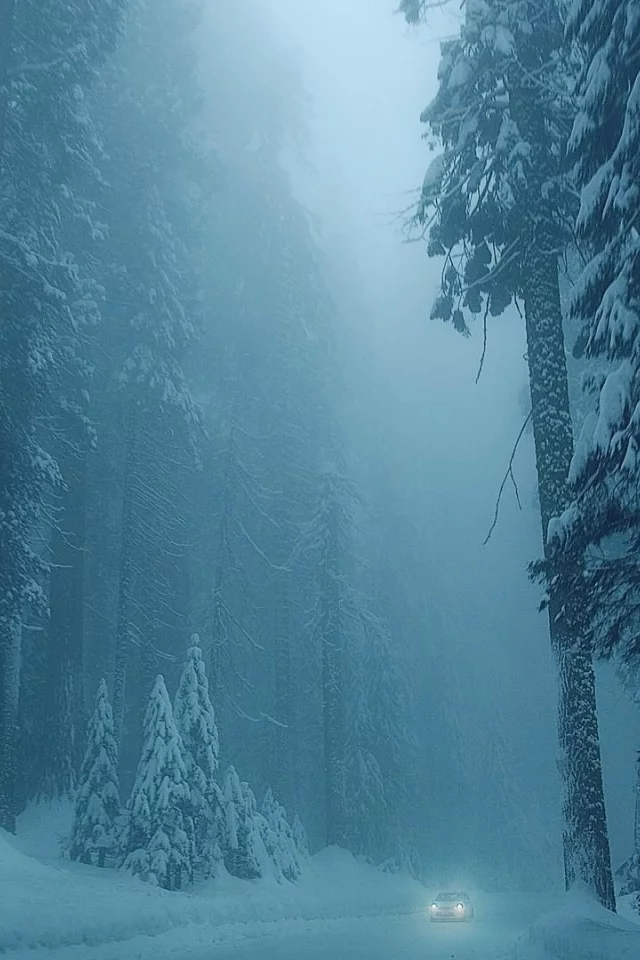 лес, деревья, зима, дорога, туман