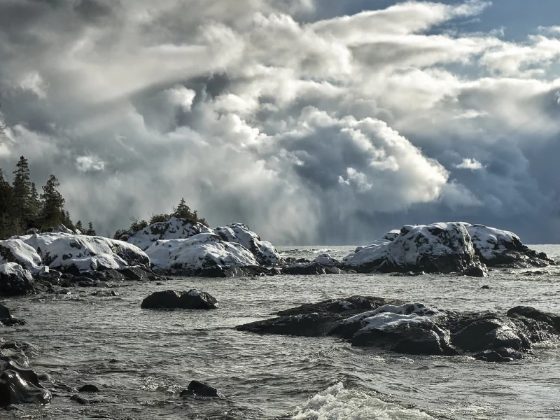 море, берег, зима, облака