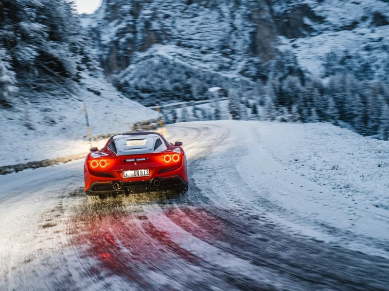 автомобиль, ferrari, дорога, зима, снег