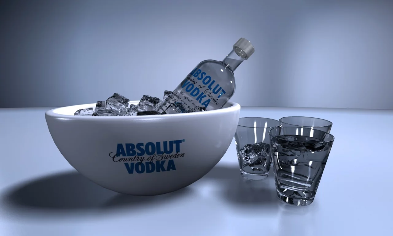 водка, абсолют, тарелка, рюмка, лёд, бутылка