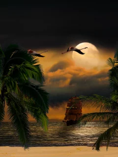 ночь, луна, море, корабль, фламинго, пальма