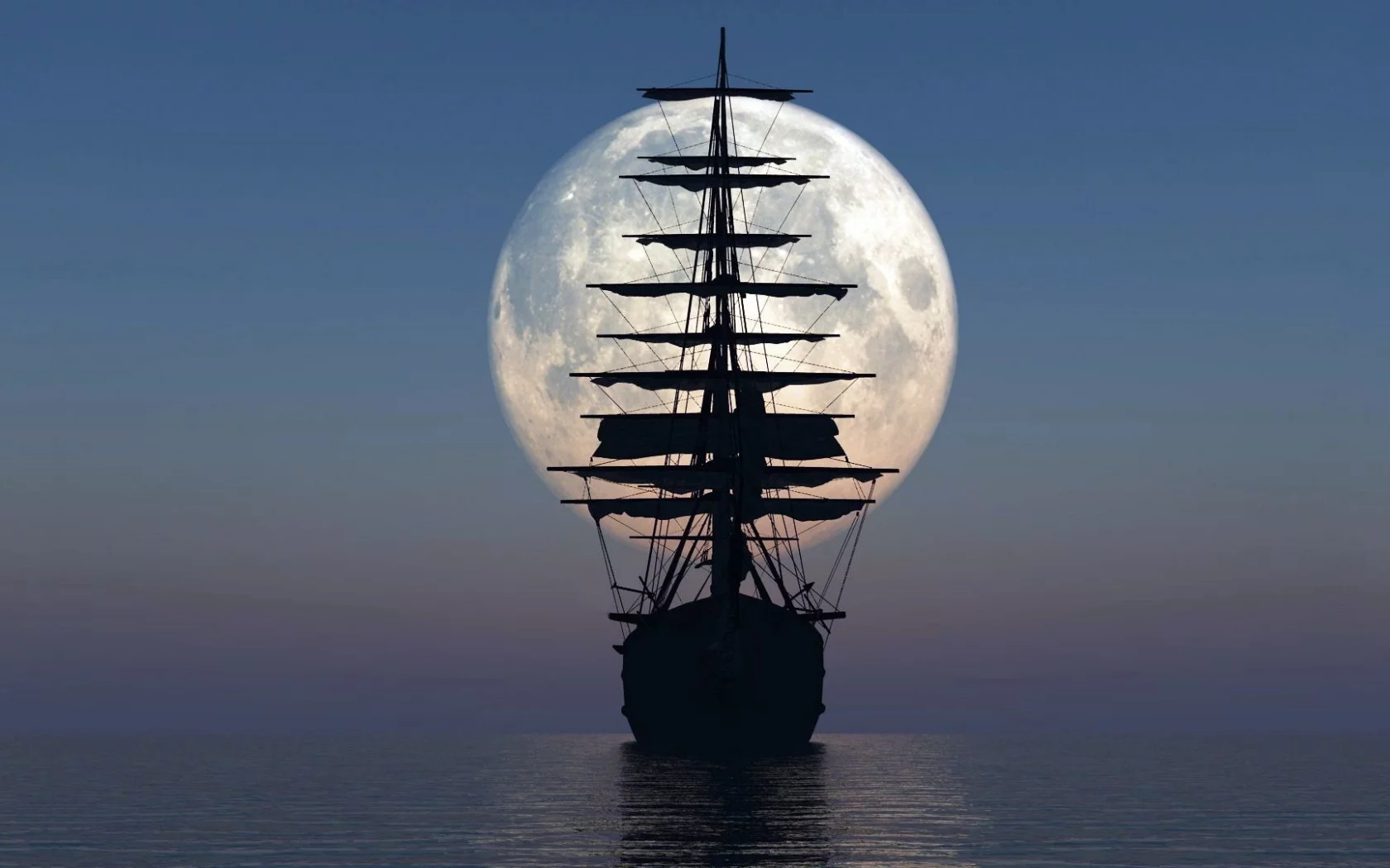 корабль, море, луна, закат