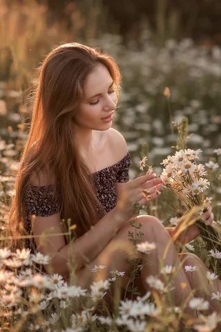 поле, девушка, ромашки, красивая