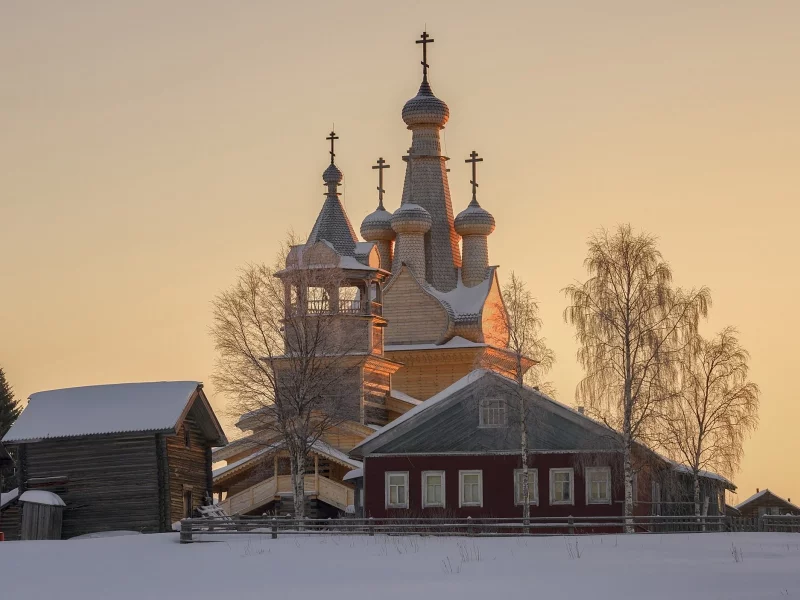 деревня, храм, зима, снег