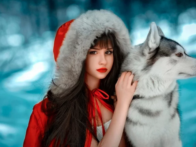 девушка, брюнетка, волк