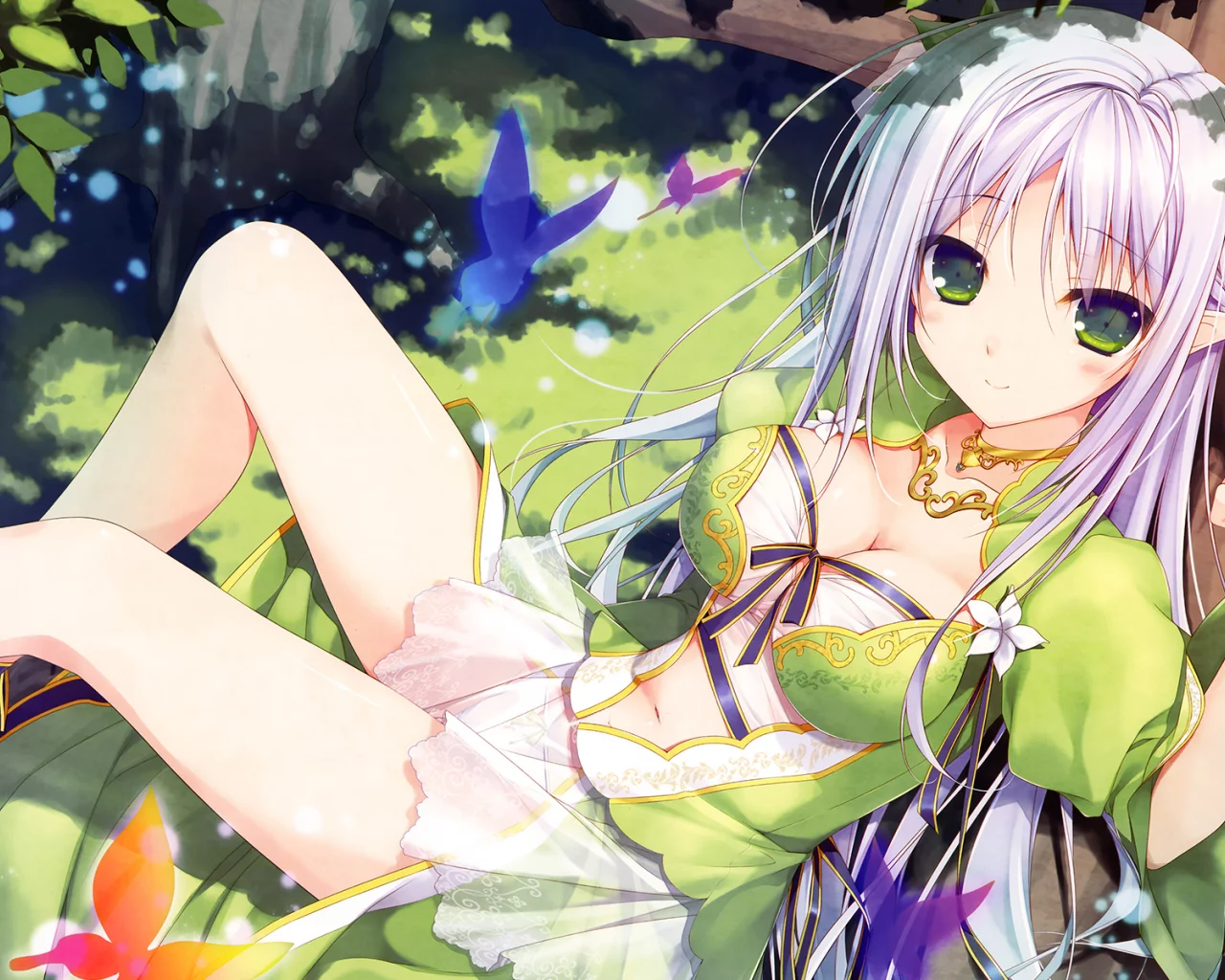 anime, girl, elf, forest, butterfly