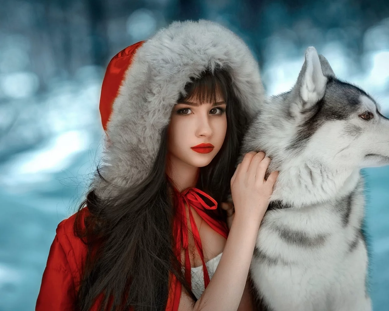 девушка, взгляд, с собакой хаски