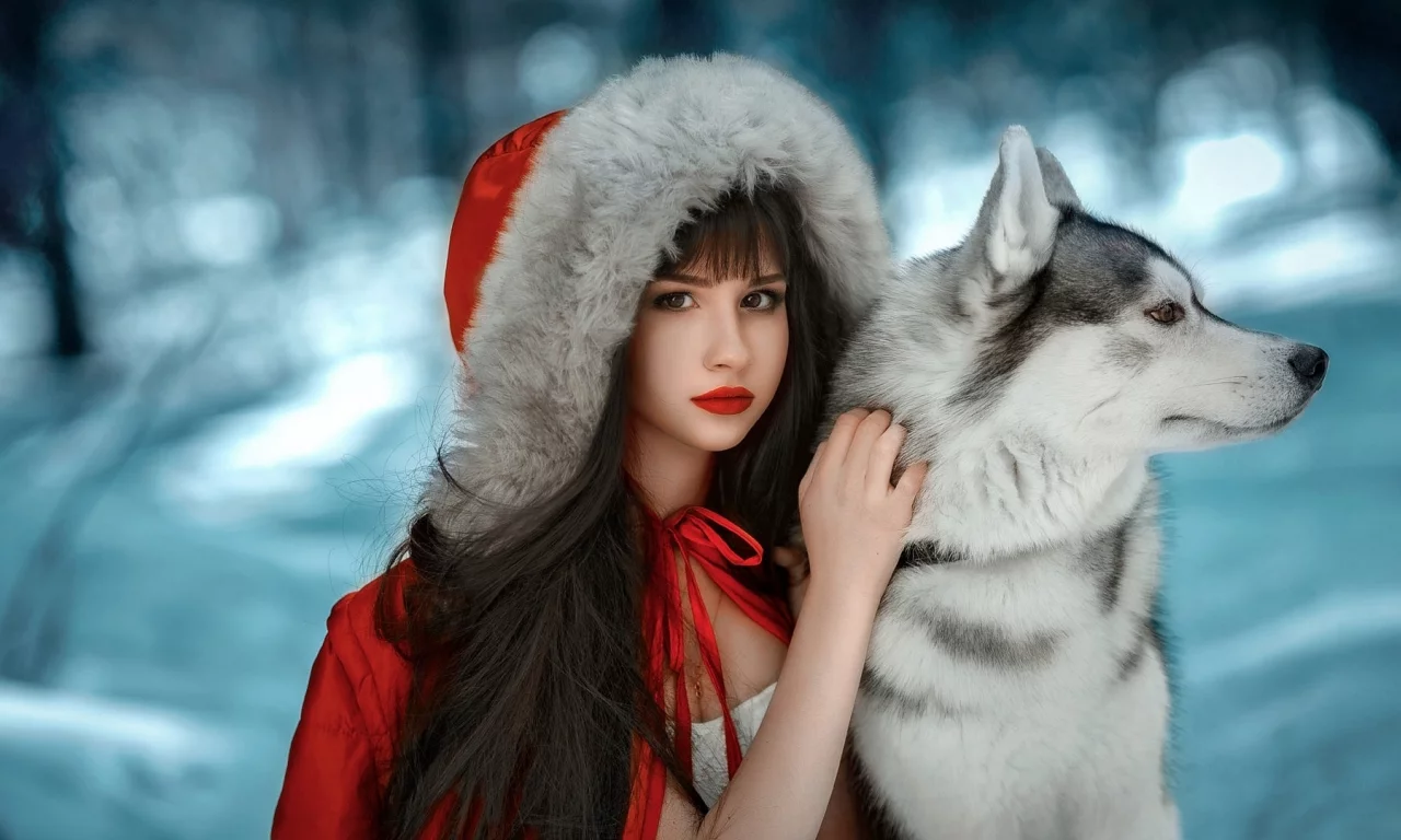 девушка, взгляд, с собакой хаски