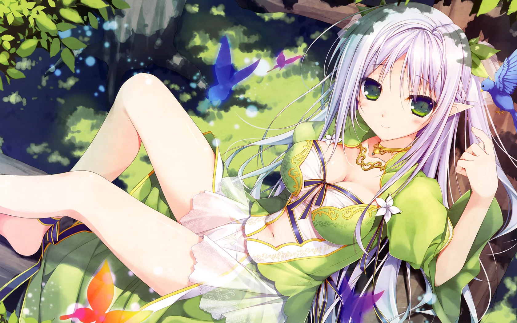anime, girl, elf, forest, butterfly