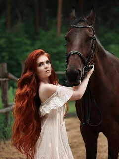 девушка рыжая, взгляд, с лошадью