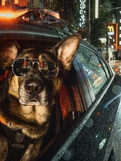 собака в очках, в автомобиле
