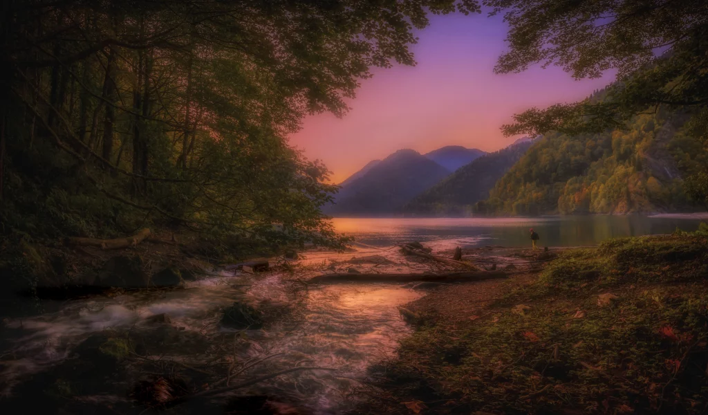 nature, landscape, lake, sunset, trees, evening, abkhazia, ritsa