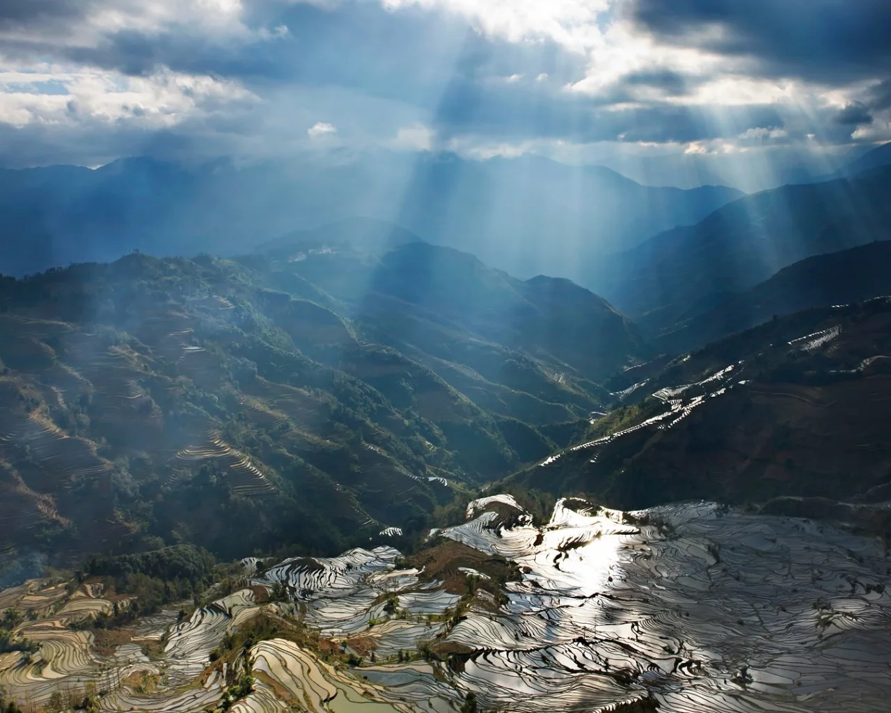 nature, landscape, mountains, sunrays, clouds, sky