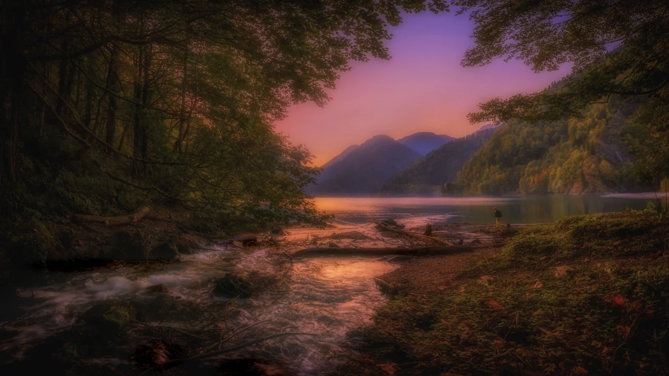 nature, landscape, lake, sunset, trees, evening, abkhazia, ritsa