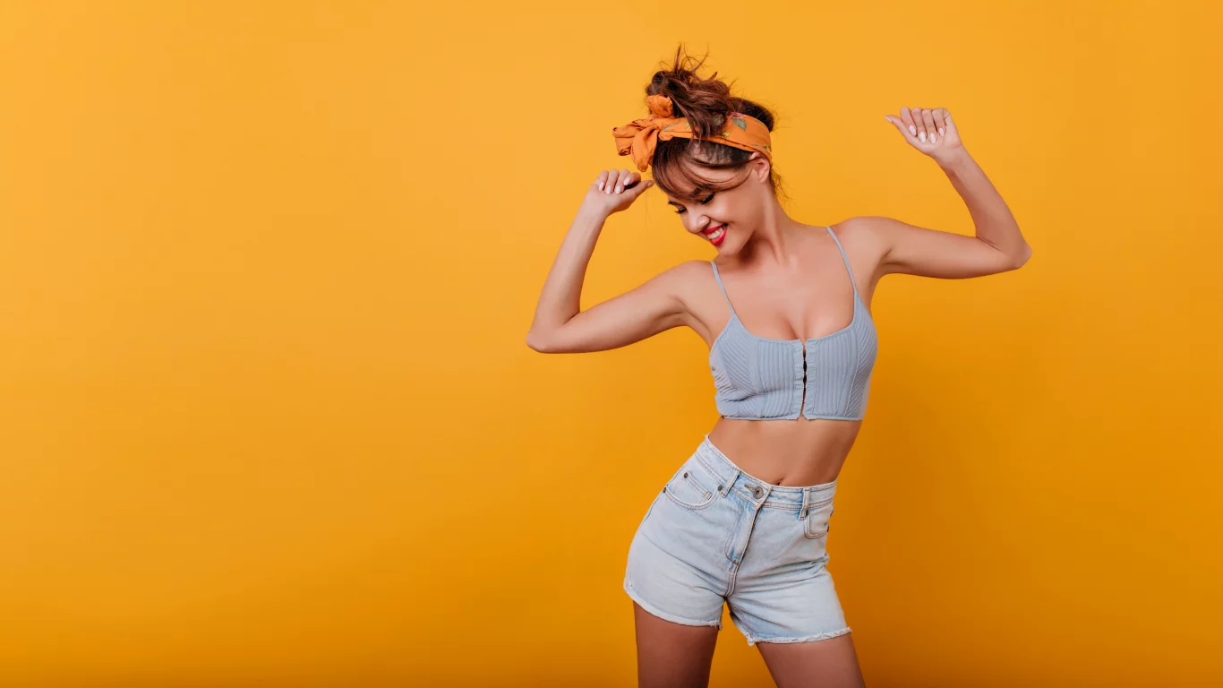 girl, pretty, shorts, smile, joy, dance