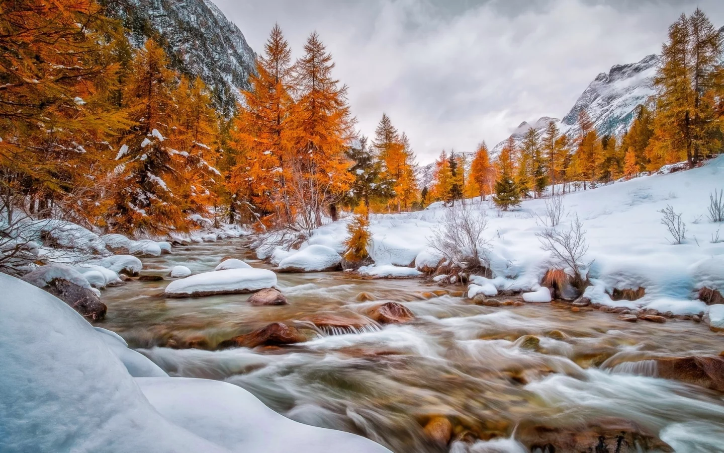 nature, mountains, snow, forest, river