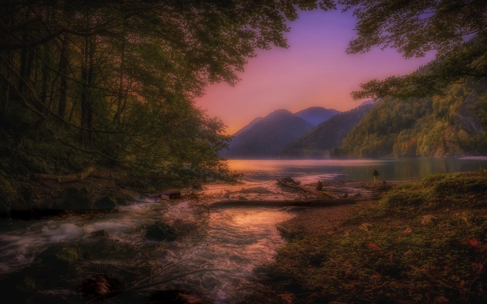 nature, landscape, lake, sunset, trees, evening, abkhazia, ritsa