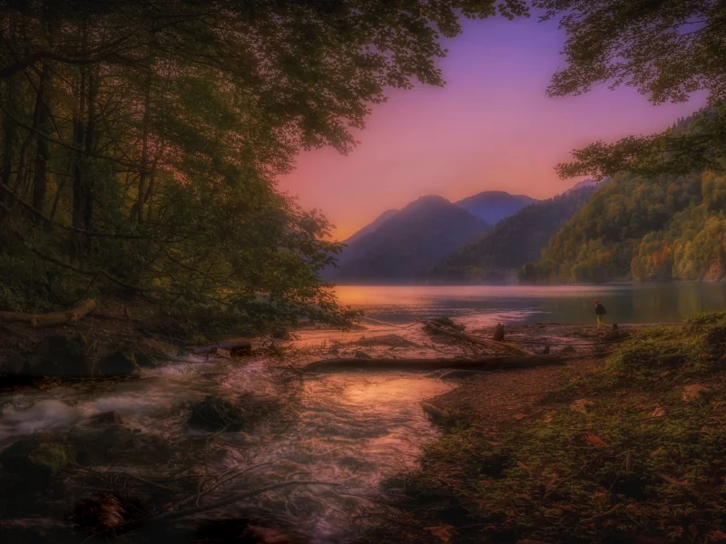 nature, landscape, lake, sunset, trees, evening, abkhazia, ritsa